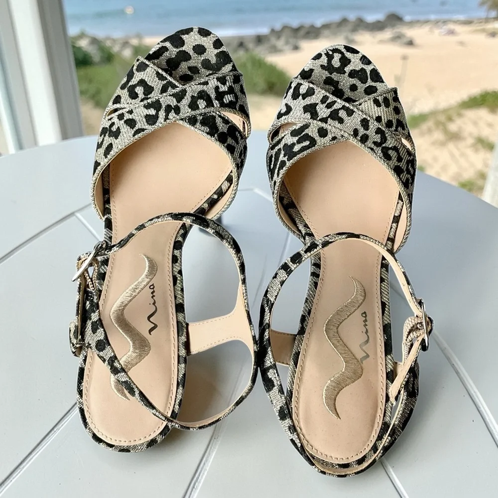 Nina Sparkle Silver Leopard Print Heeled Sandals with Ankle Strap - Picture 7 of 12